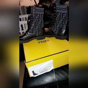 Fendi Rockoko Black Leather & Knit Combat Boots Size 38